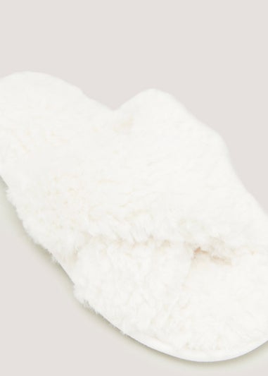 Cream Fluffy Cross Strap Slippers