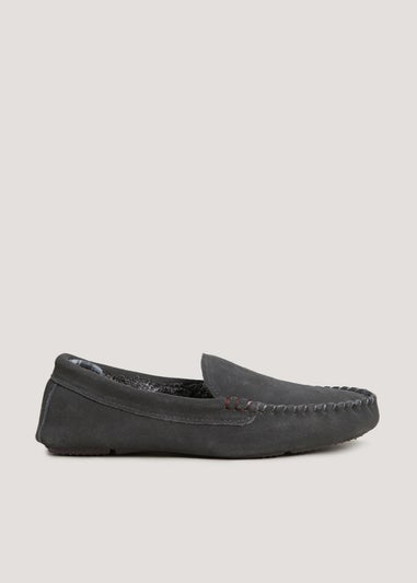 Grey Suede Moccasin Slippers