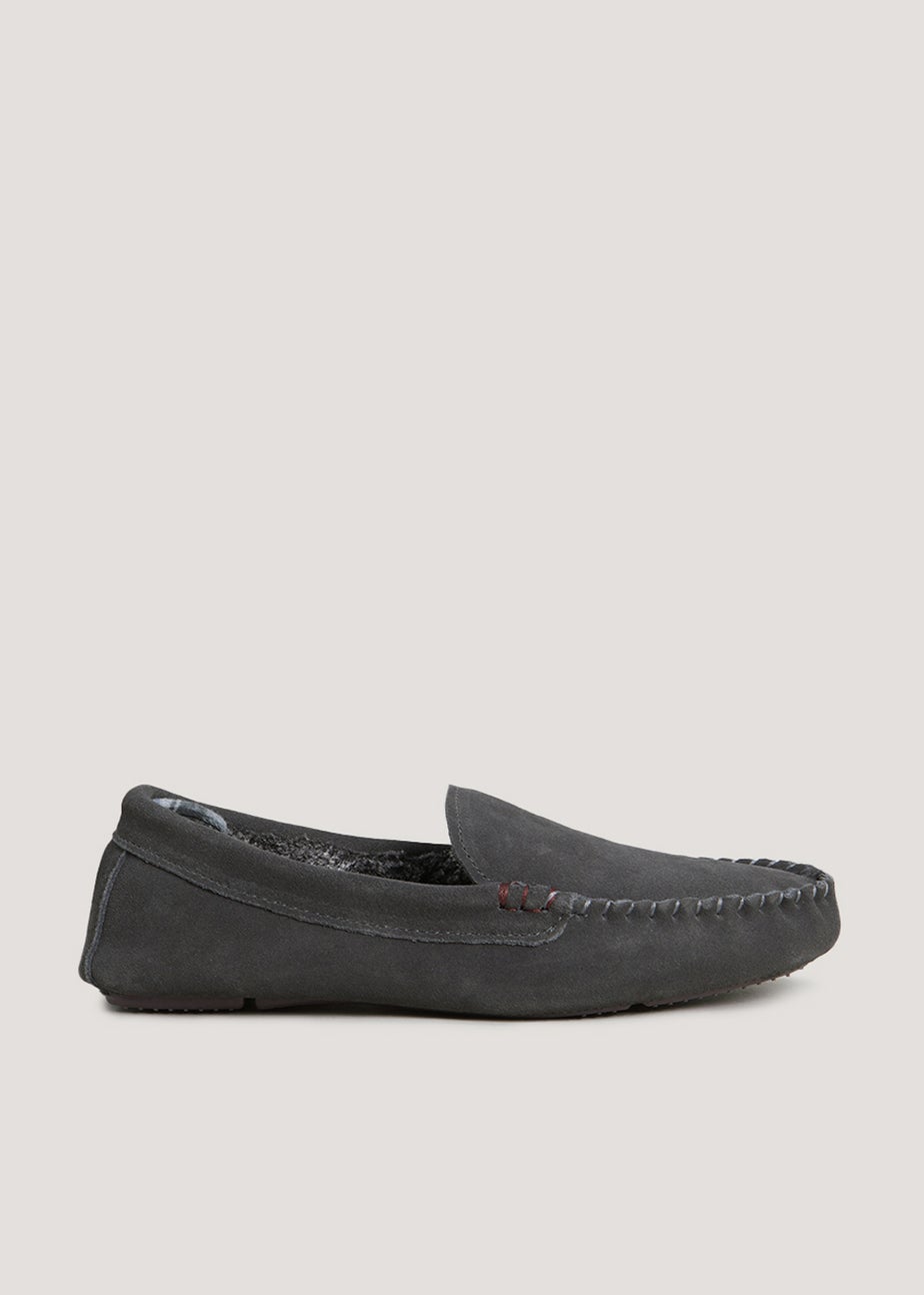 Grey Suede Moccasin Slippers