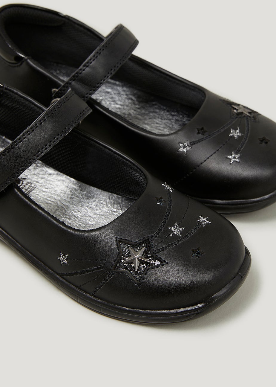 Girls Black Coated Leather Star School Shoes (Younger 8-Older 3)