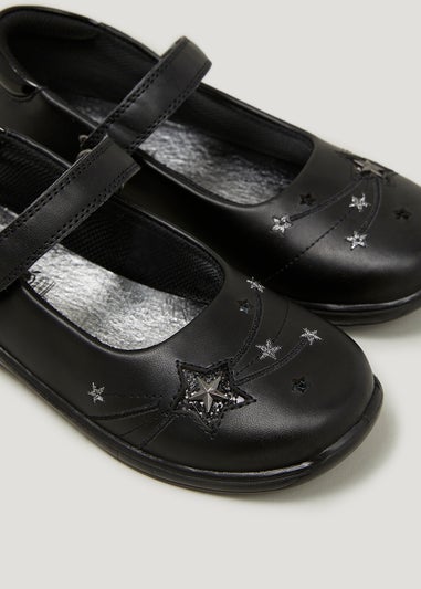 Girls Black Coated Leather Star School Shoes (Younger 8-Older 3)