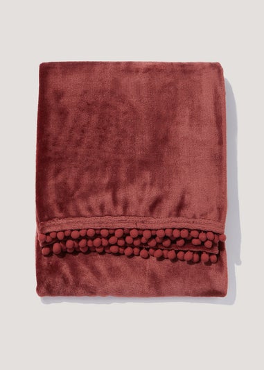 Burgundy Pom Pom Fleece Throw (130cm x 150cm)