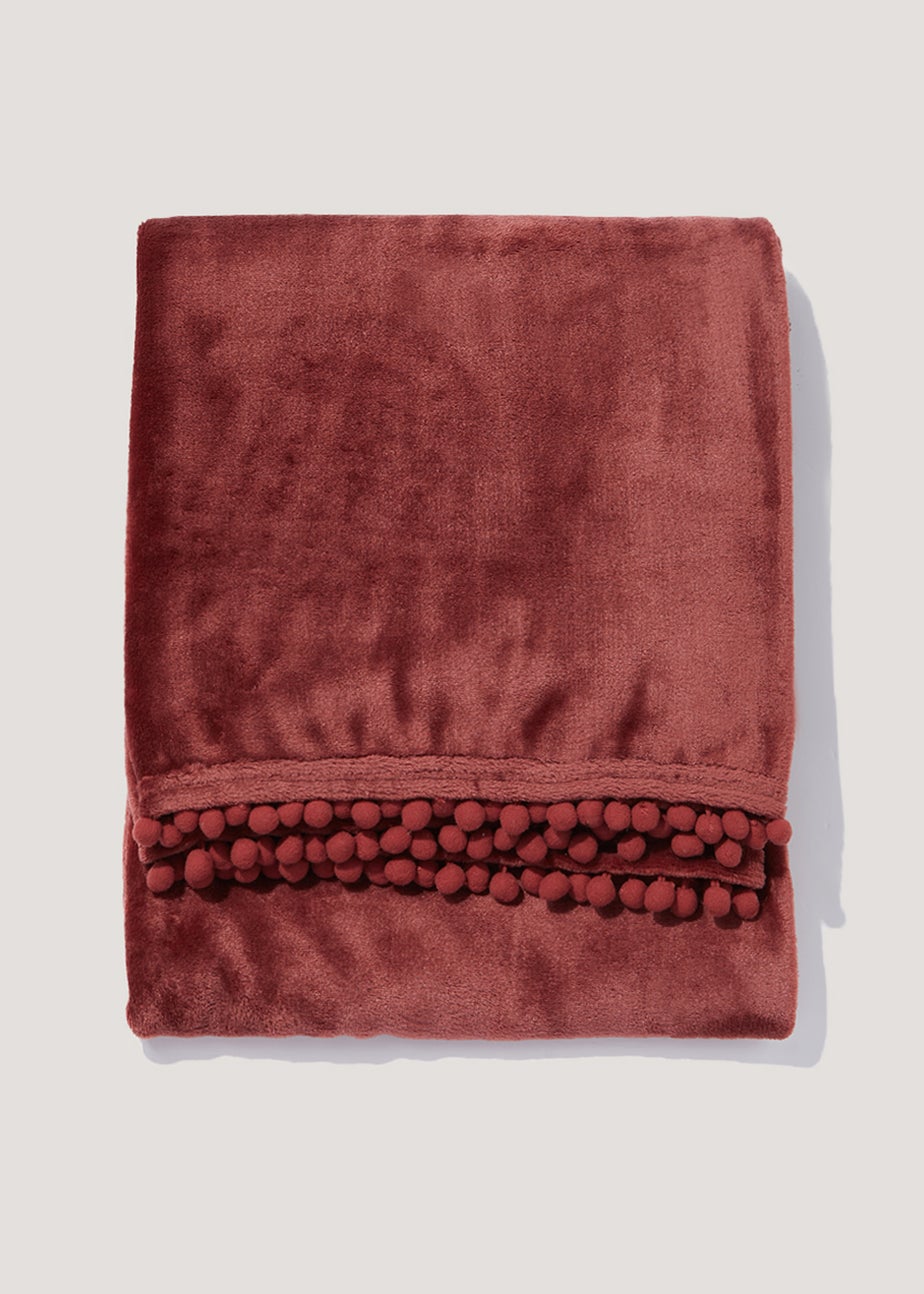 Burgundy Pom Pom Fleece Throw (130cm x 150cm)