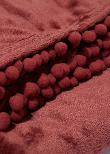 Burgundy Pom Pom Fleece Throw (130cm x 150cm)