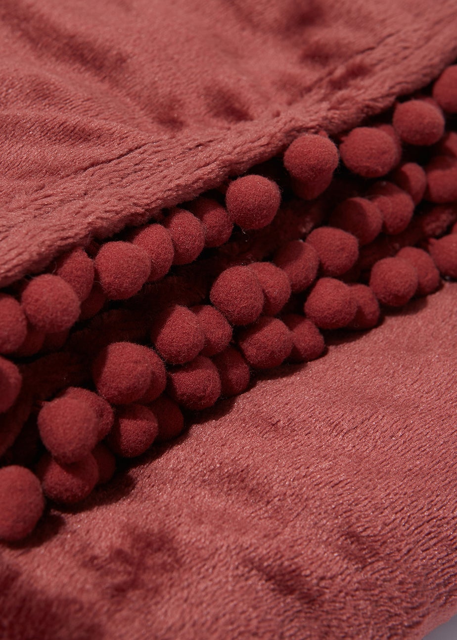 Burgundy Pom Pom Fleece Throw (130cm x 150cm)