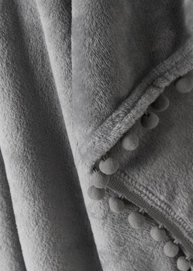 Grey Pom Pom Fleece Throw (130cm x 150cm)