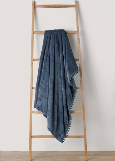 Blue Pom Pom Fleece Throw (130cm x 150cm)