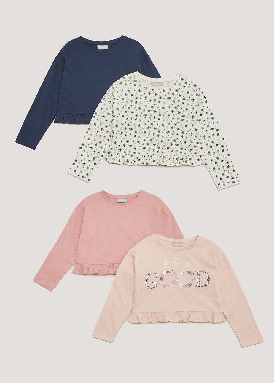 Girls 4 Pack Plain & Print Long Sleeve Tops (4-13yrs)
