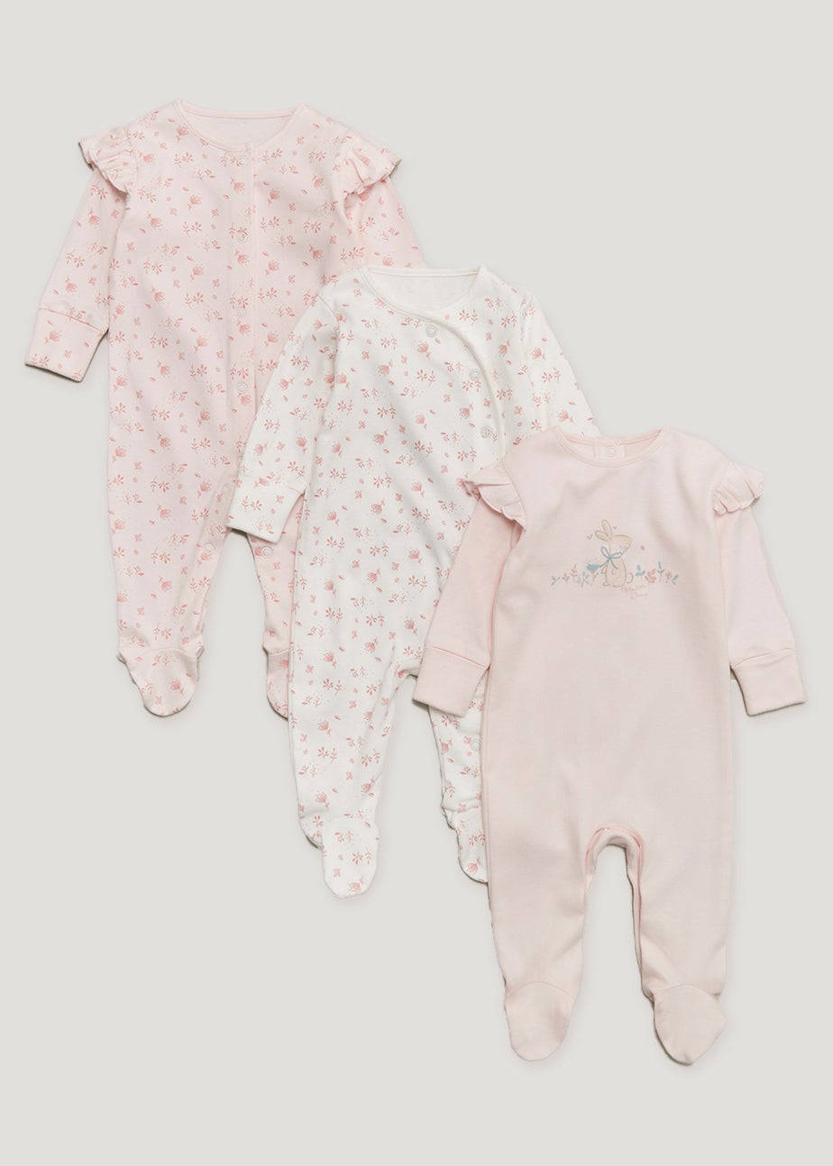 Baby 3 Pack Pink Floral Frill Sleepsuits (Tiny Baby-18mths)