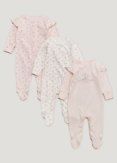 Baby 3 Pack Pink Floral Frill Sleepsuits (Tiny Baby-18mths)