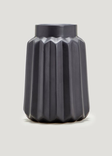 Black Ribbed Ceramic Vase (14cm x 14cm x 20cm)