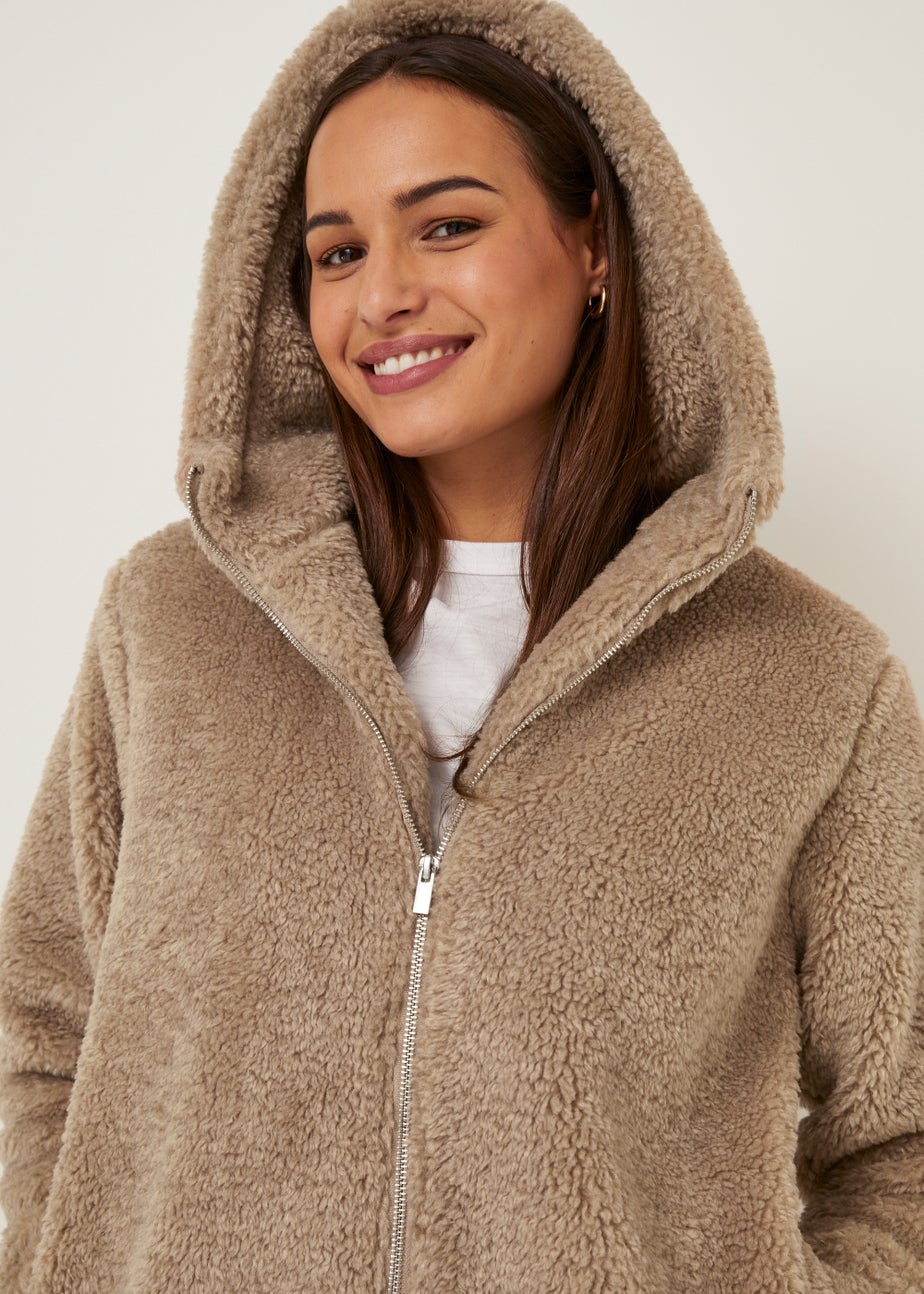 Camel Teddy Fleece Hooded Jacket