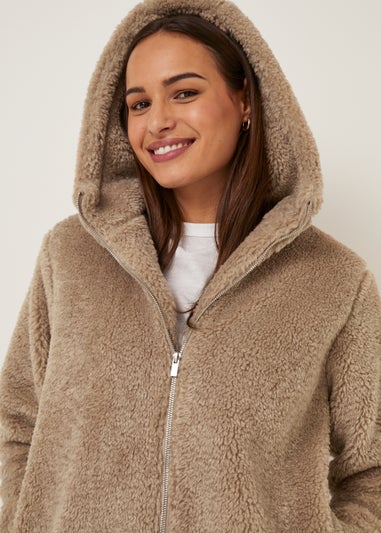 Camel Teddy Fleece Hooded Jacket