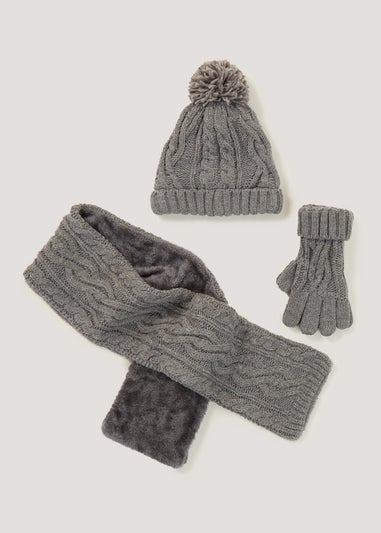 Kids Grey Hat Scarf & Gloves Set (3-13yrs)