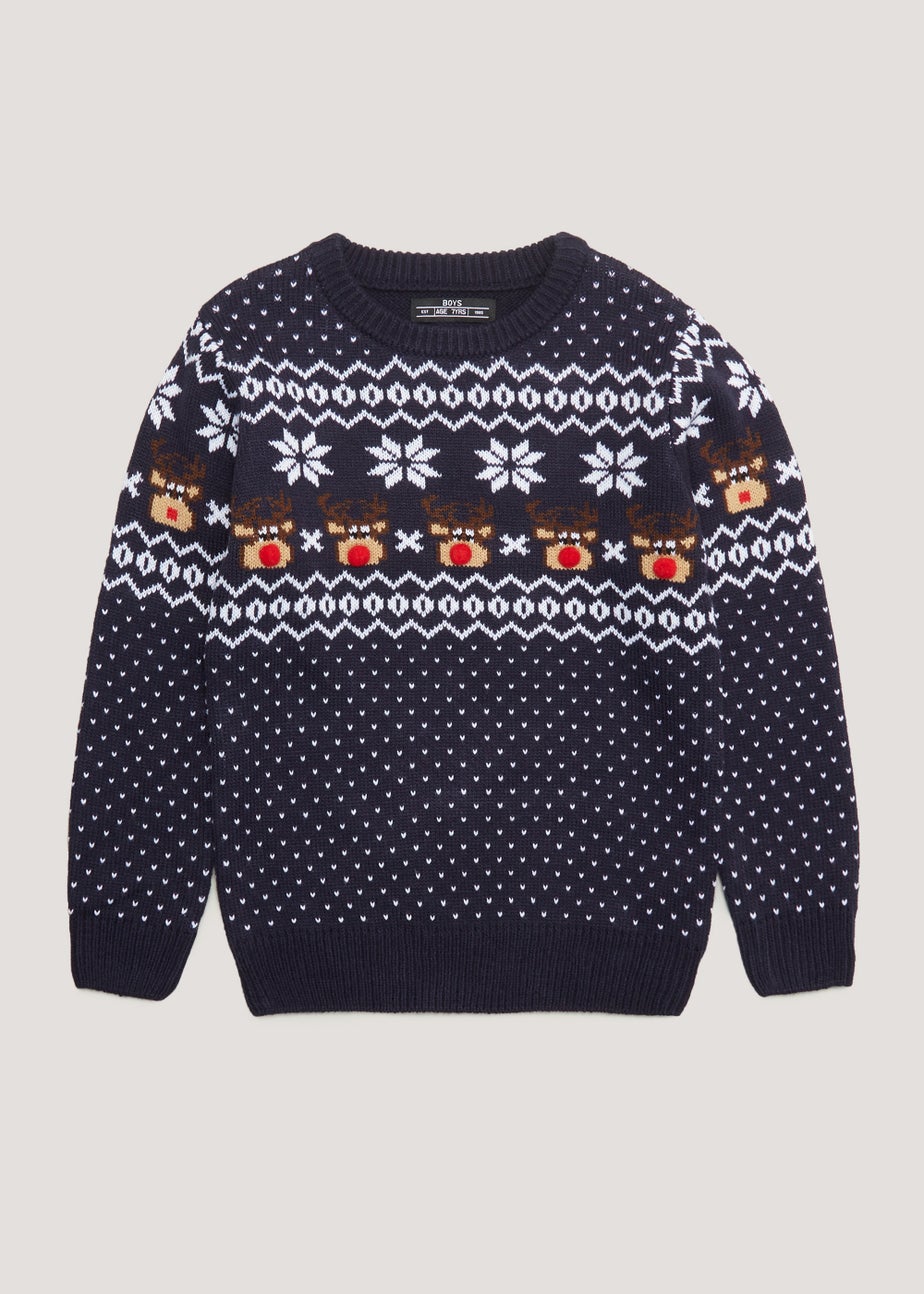 Kids Navy Reindeer Novelty Christmas Jumper (4-13yrs)