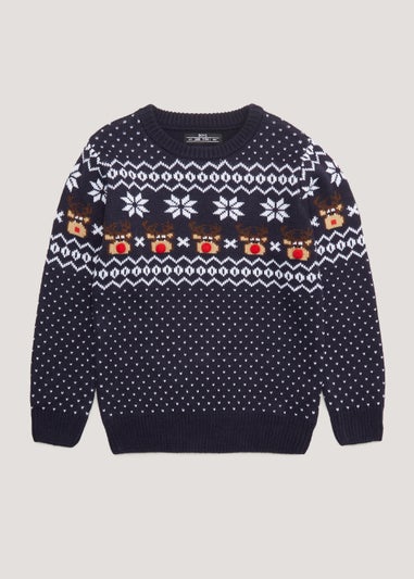 Kids Navy Reindeer Novelty Christmas Jumper (4-13yrs)