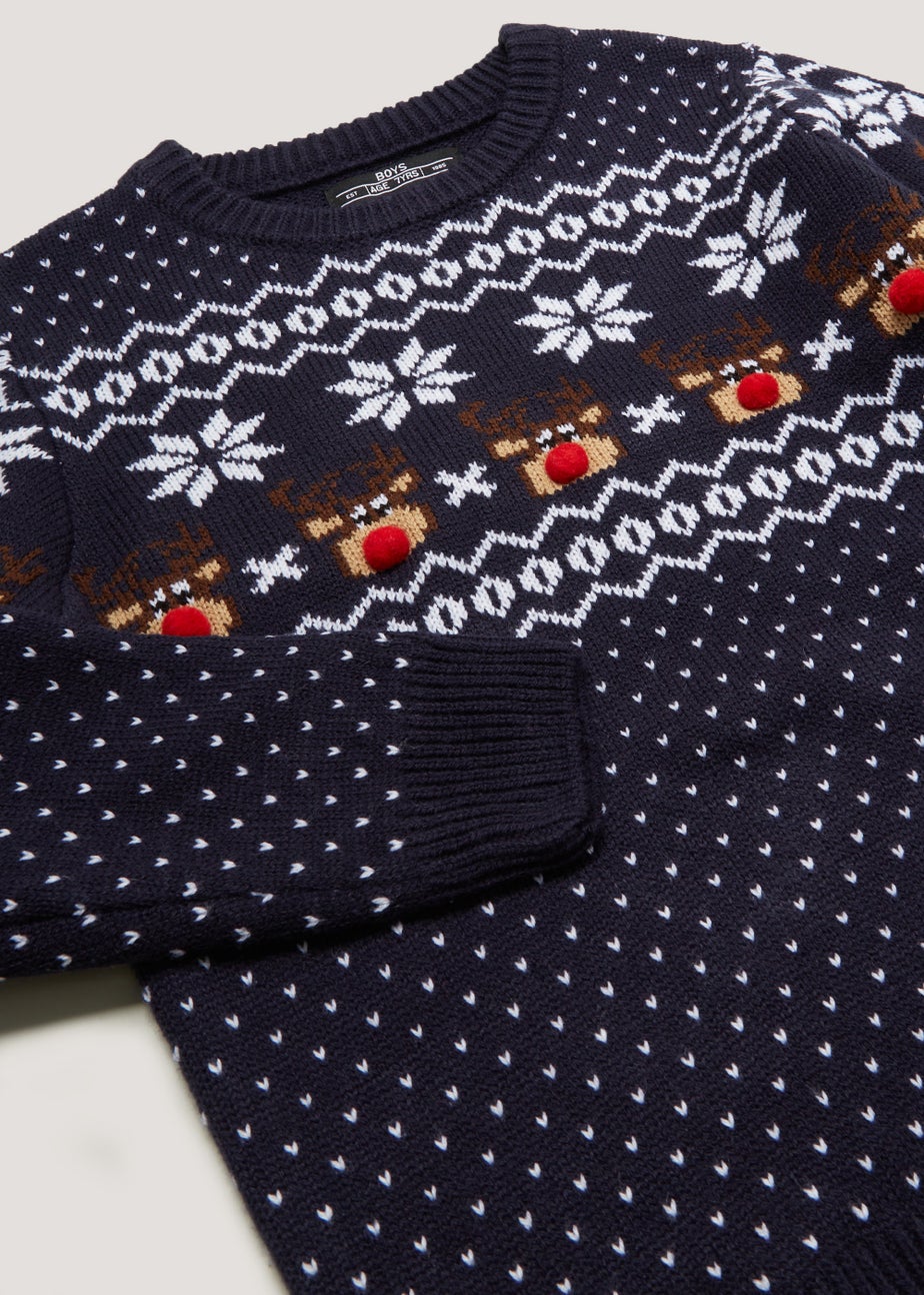 Kids Navy Reindeer Novelty Christmas Jumper (4-13yrs)