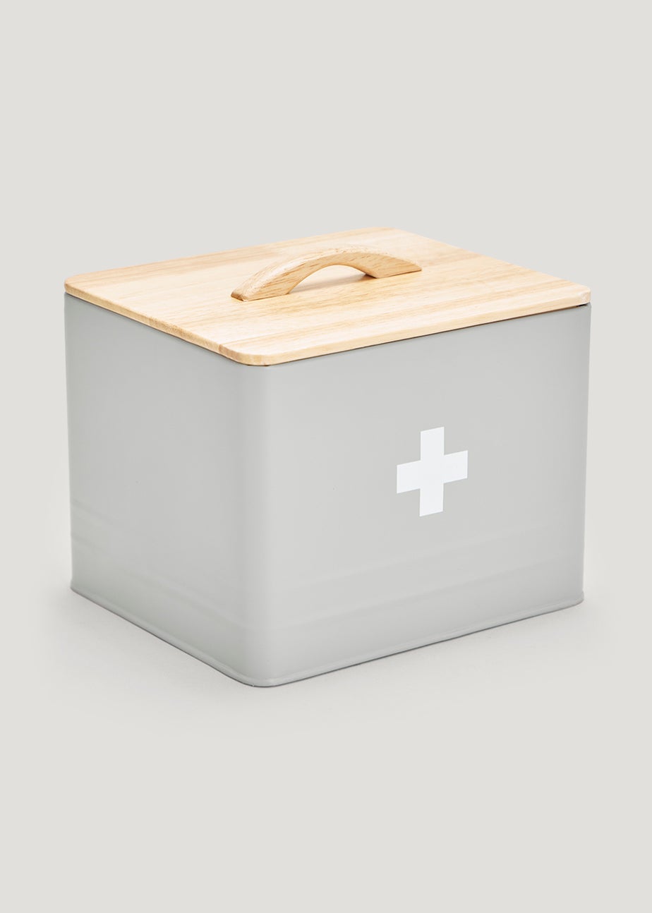Grey Medical Tin With Wooden Lid (13.5cm x 15.5cm x 18cm)