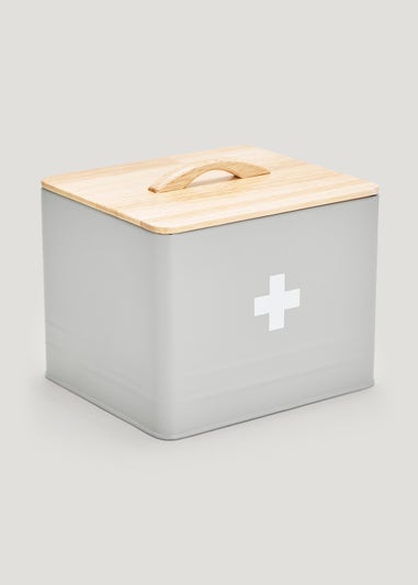 Grey Medical Tin With Wooden Lid (13.5cm x 15.5cm x 18cm)