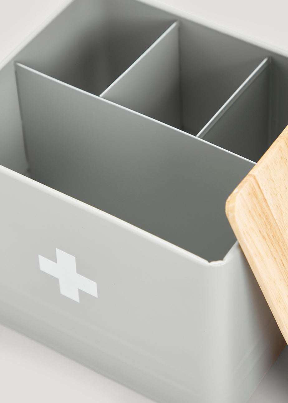 Grey Medical Tin With Wooden Lid (13.5cm x 15.5cm x 18cm)