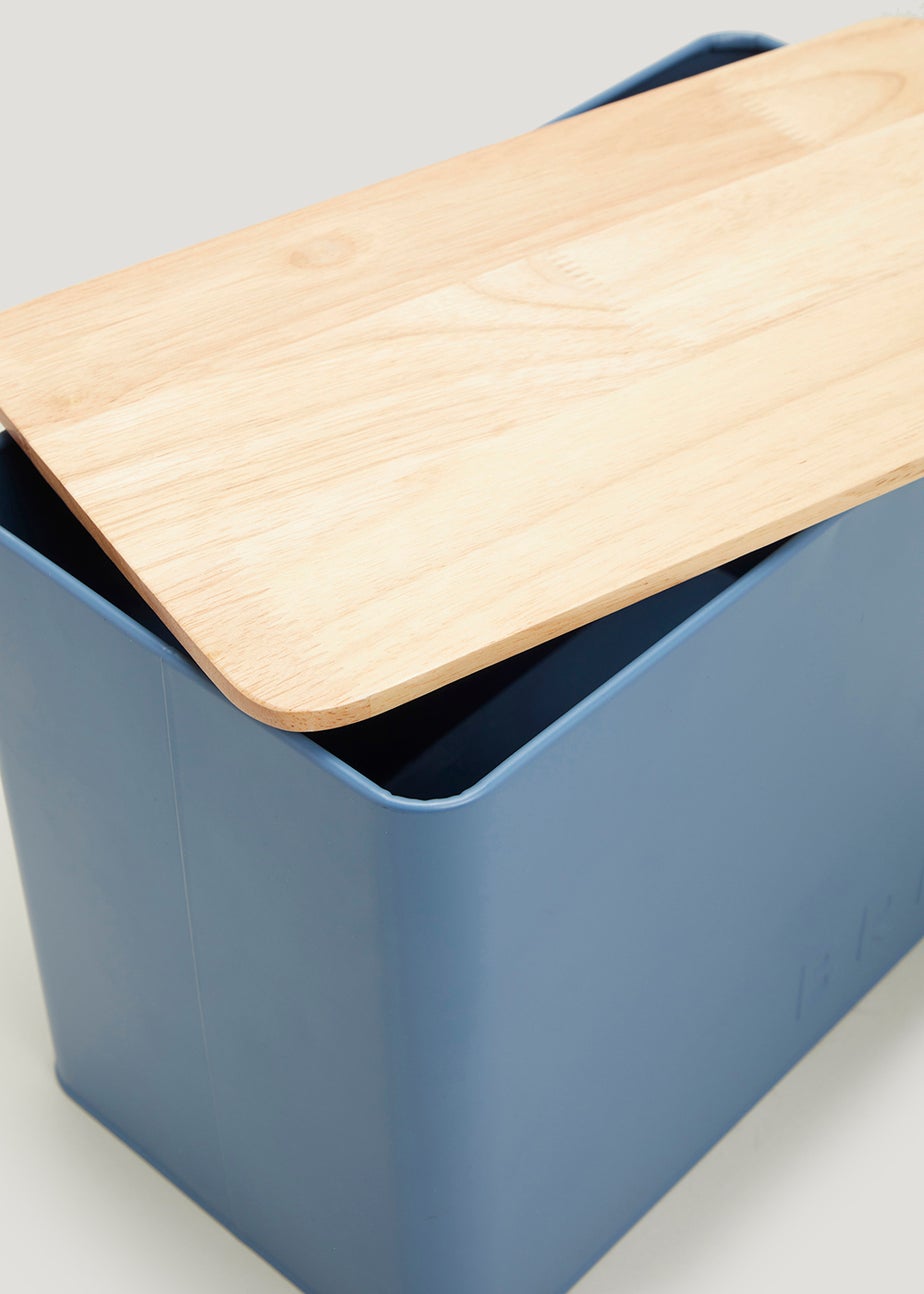 Blue Metal Lidded Bamboo Bread Bin (33cm x 24cm)