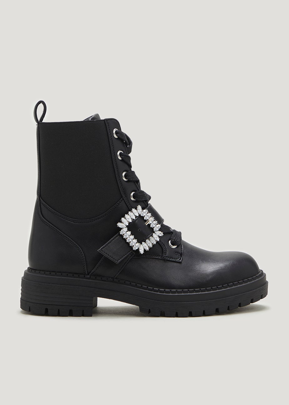 Head Over Heels Black Diamante Brooch Ankle Boots
