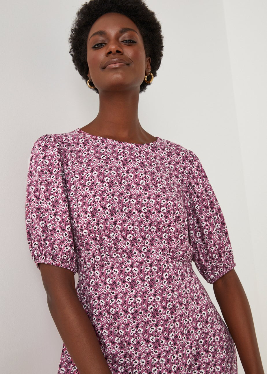 Pink Floral Print Tea Dress