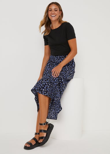 Black Feather Print Midi Skirt
