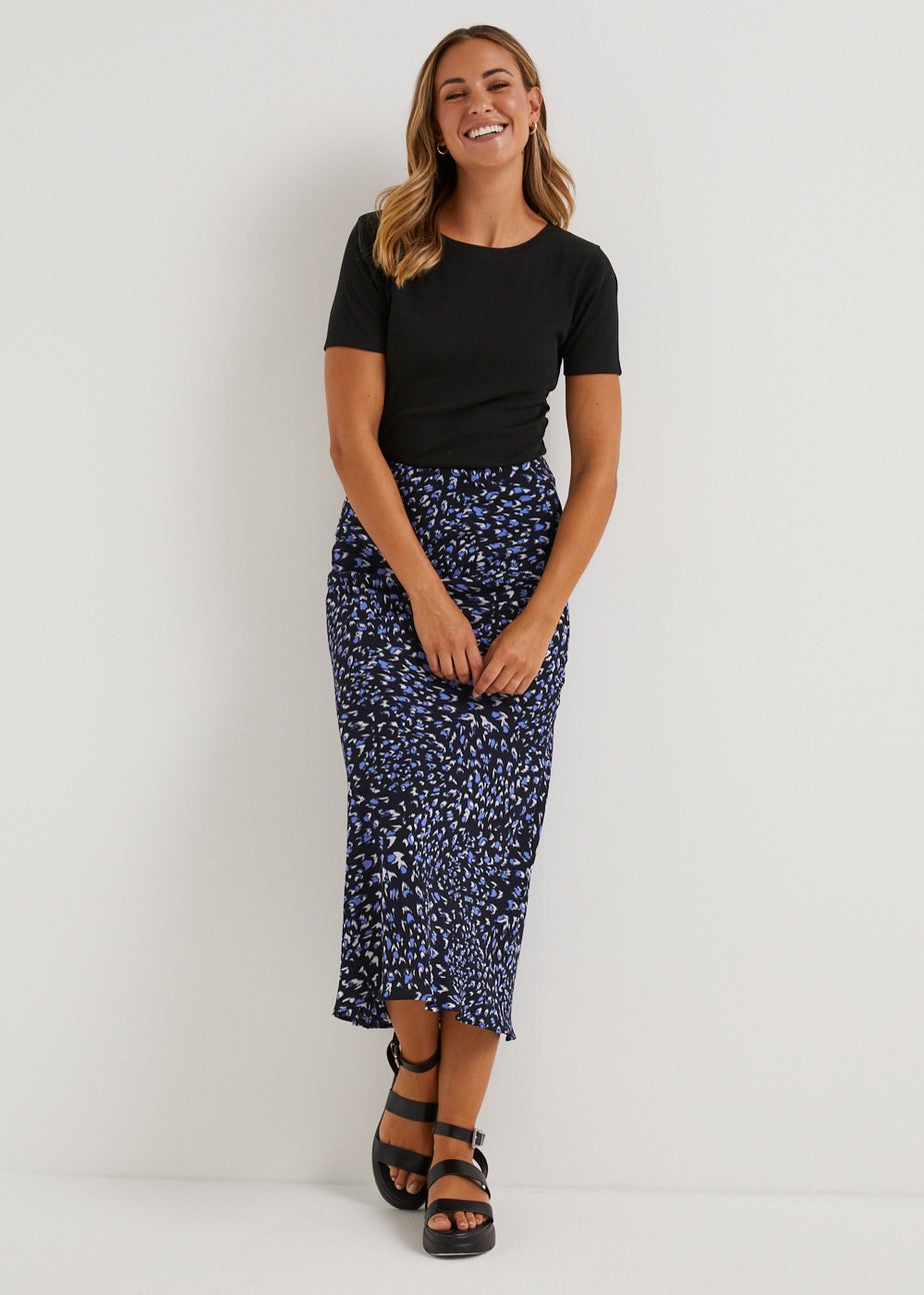 Black Feather Print Midi Skirt
