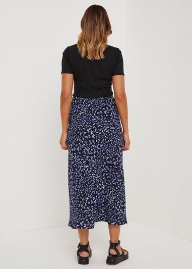 Black Feather Print Midi Skirt
