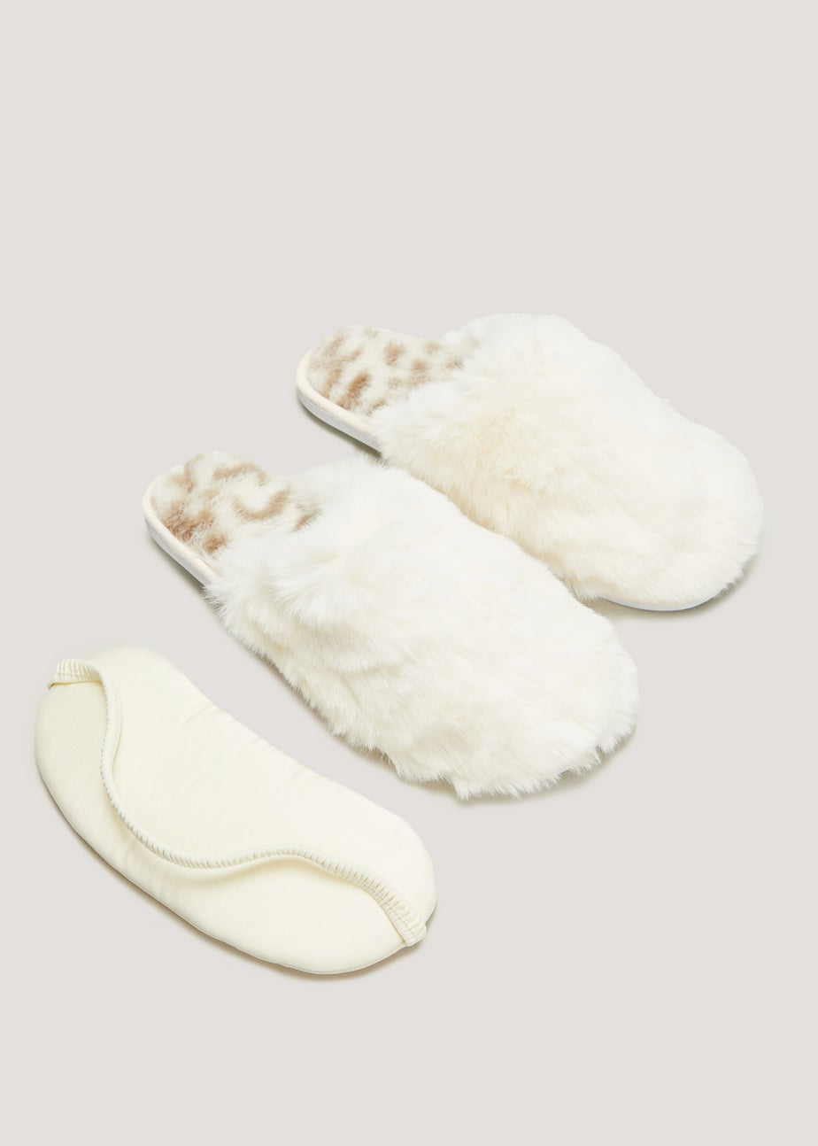 Cream Faux Fur Eye Mask & Slippers Gift Set
