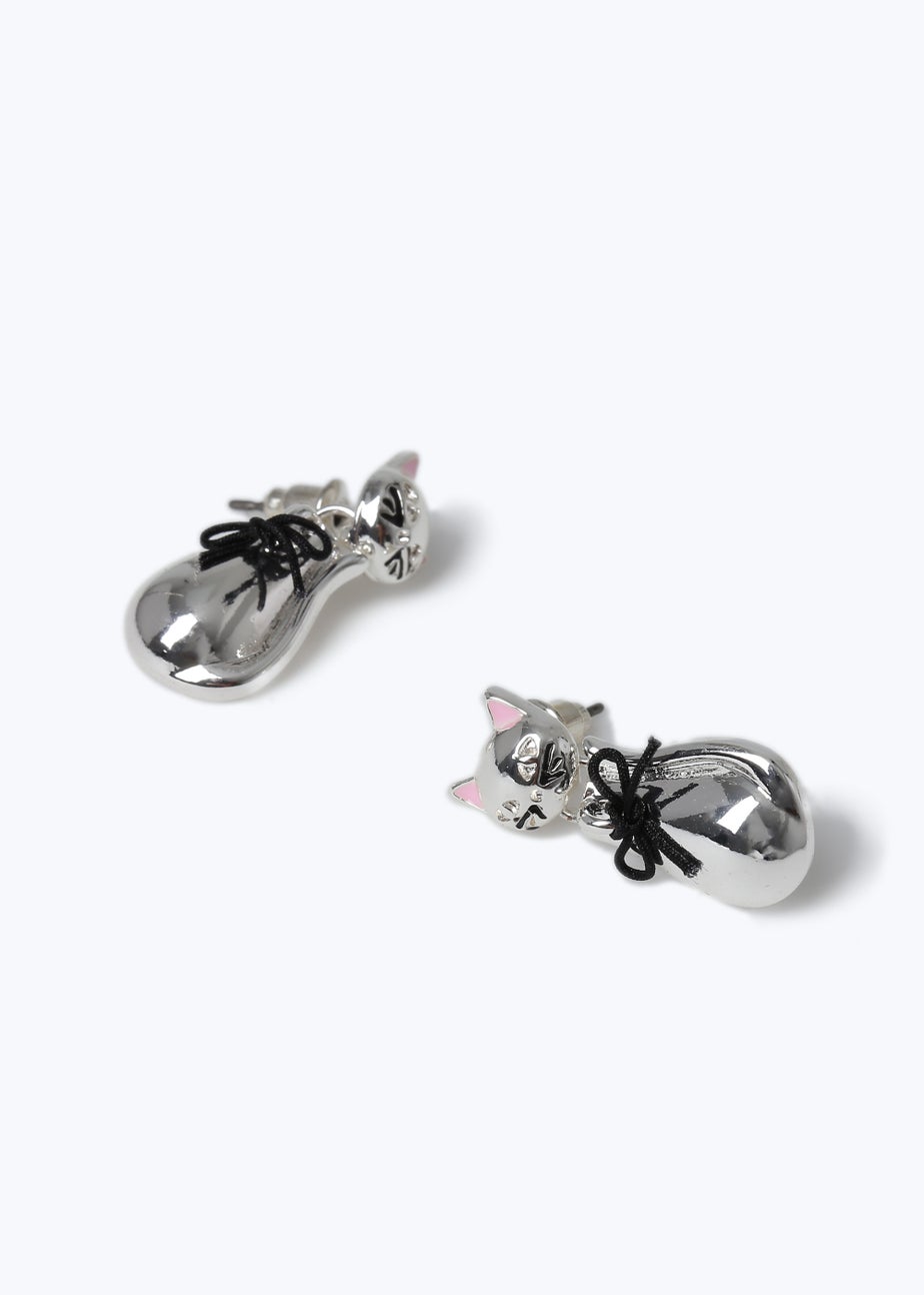 Silver Halloween Cat Mini Drop Earrings