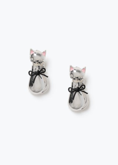Silver Halloween Cat Mini Drop Earrings