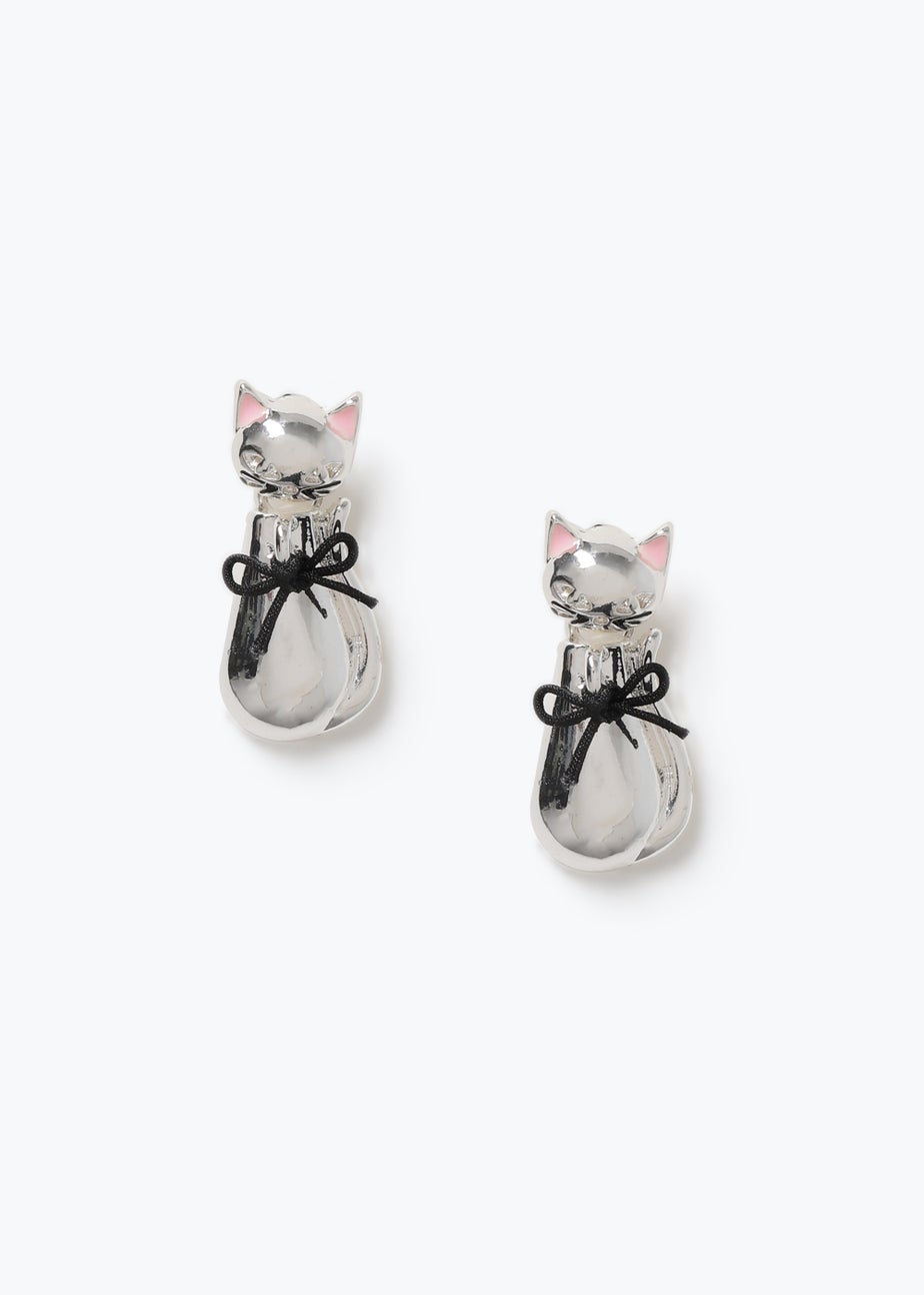 Silver Halloween Cat Mini Drop Earrings