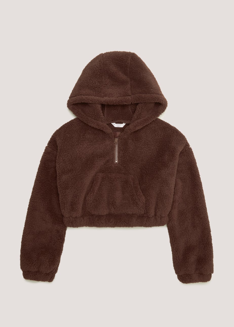 Girls Candy Couture Brown Borg Cropped Hoodie (9-16yrs) Matalan