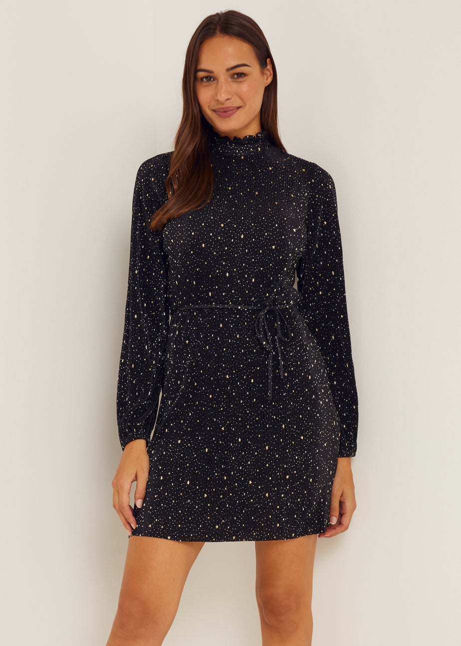 Black Star Foil Mini Plisse Dress