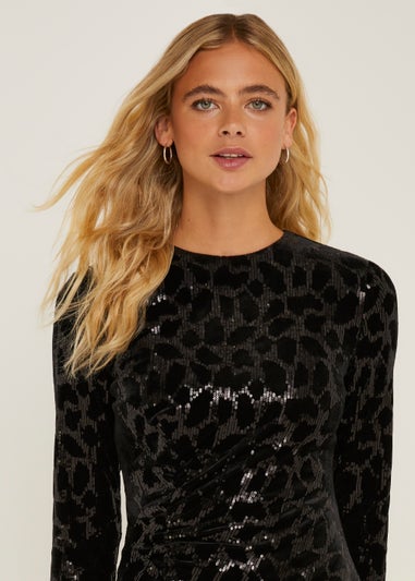 Be Beau Black Leopard Print Sequin Jersey Dress