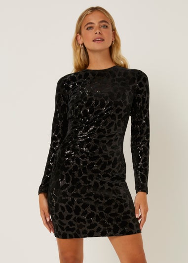 Be Beau Black Leopard Print Sequin Jersey Dress