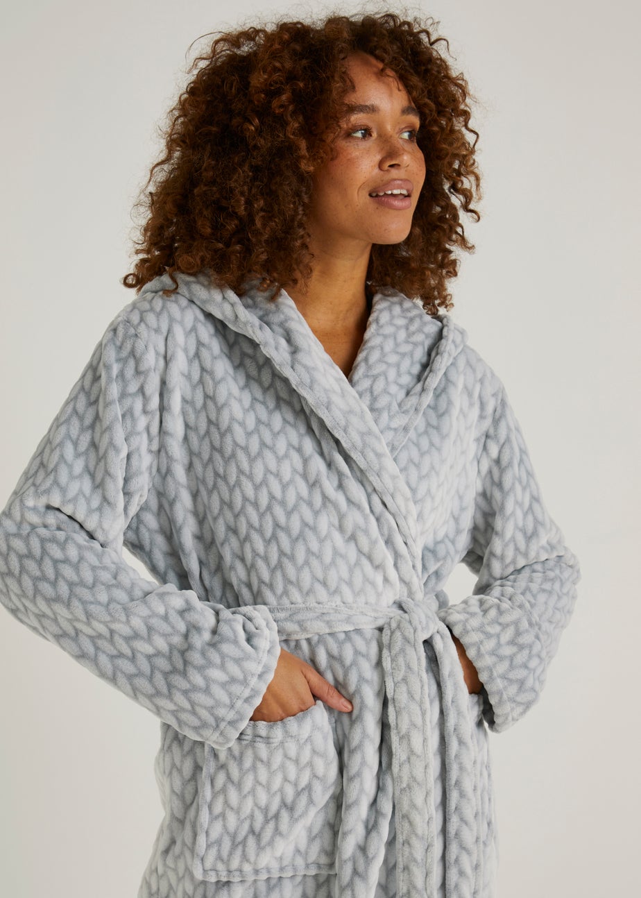 Grey Cable Longline Hooded Dressing Gown