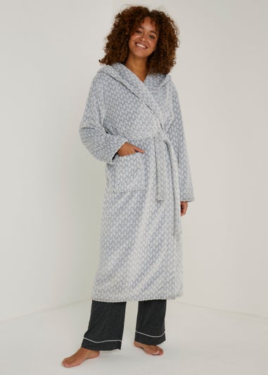 Grey Cable Longline Hooded Dressing Gown