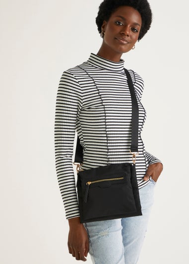 Black Nylon Messenger Crossbody Bag