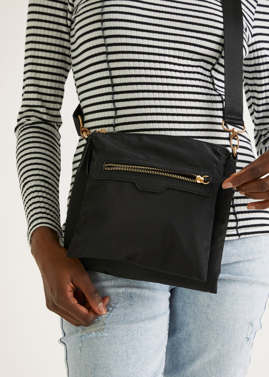 Black Nylon Messenger Crossbody Bag