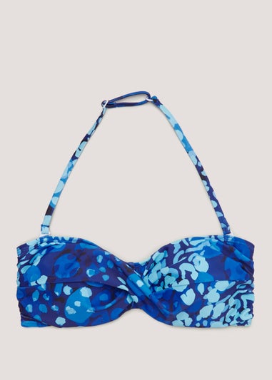 Blue Abstract Print Twist Bandeau Bikini Top