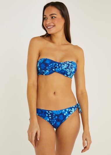 Blue Abstract Print Twist Bandeau Bikini Top