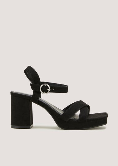 Black Cross Strap Block Heels