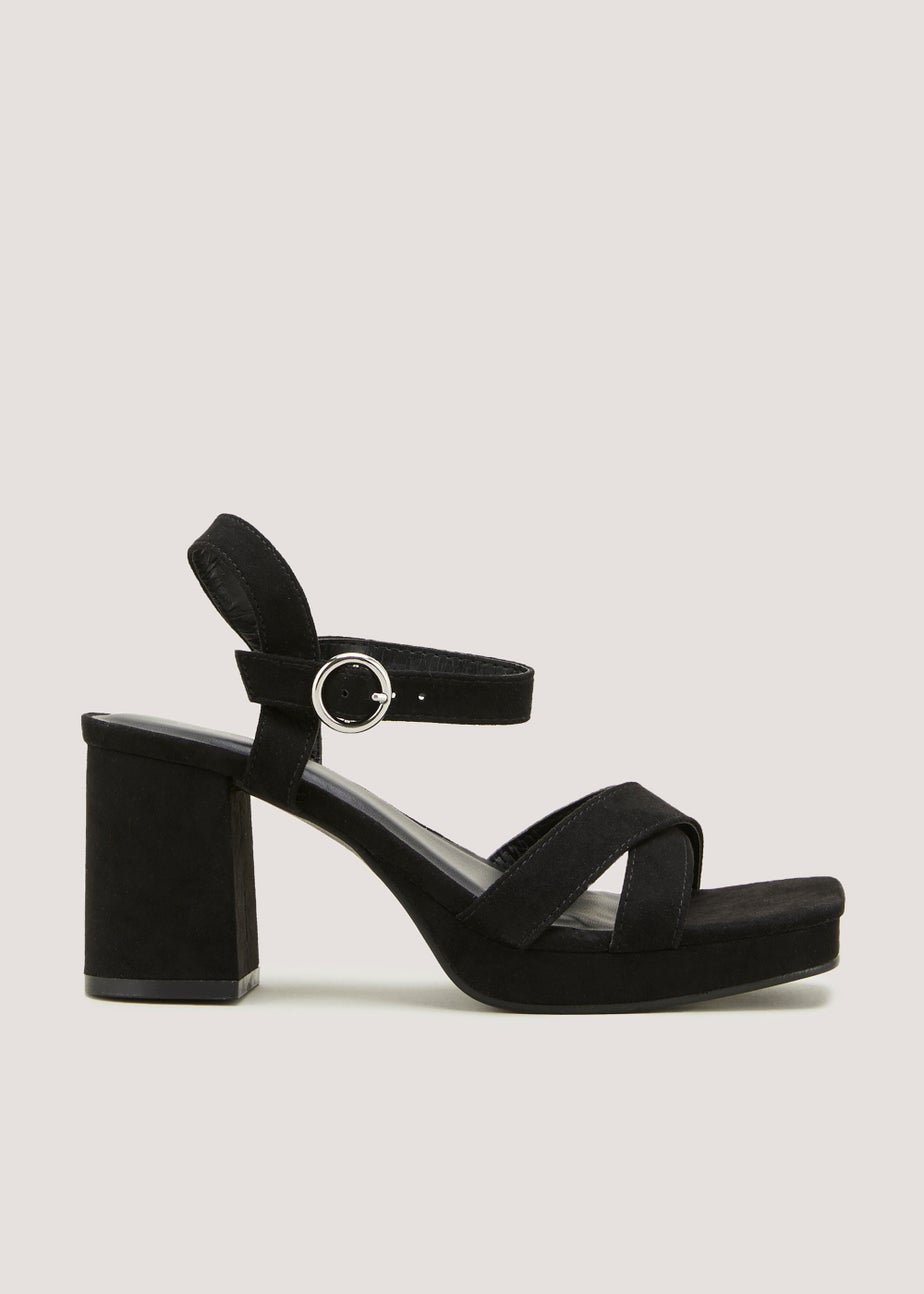 Black Cross Strap Block Heels