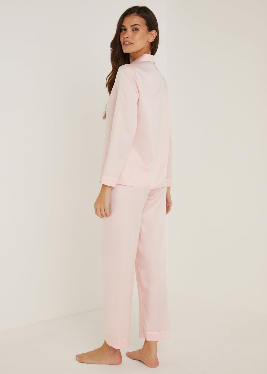 Pink Satin Embroidered Pocket Pyjama Set
