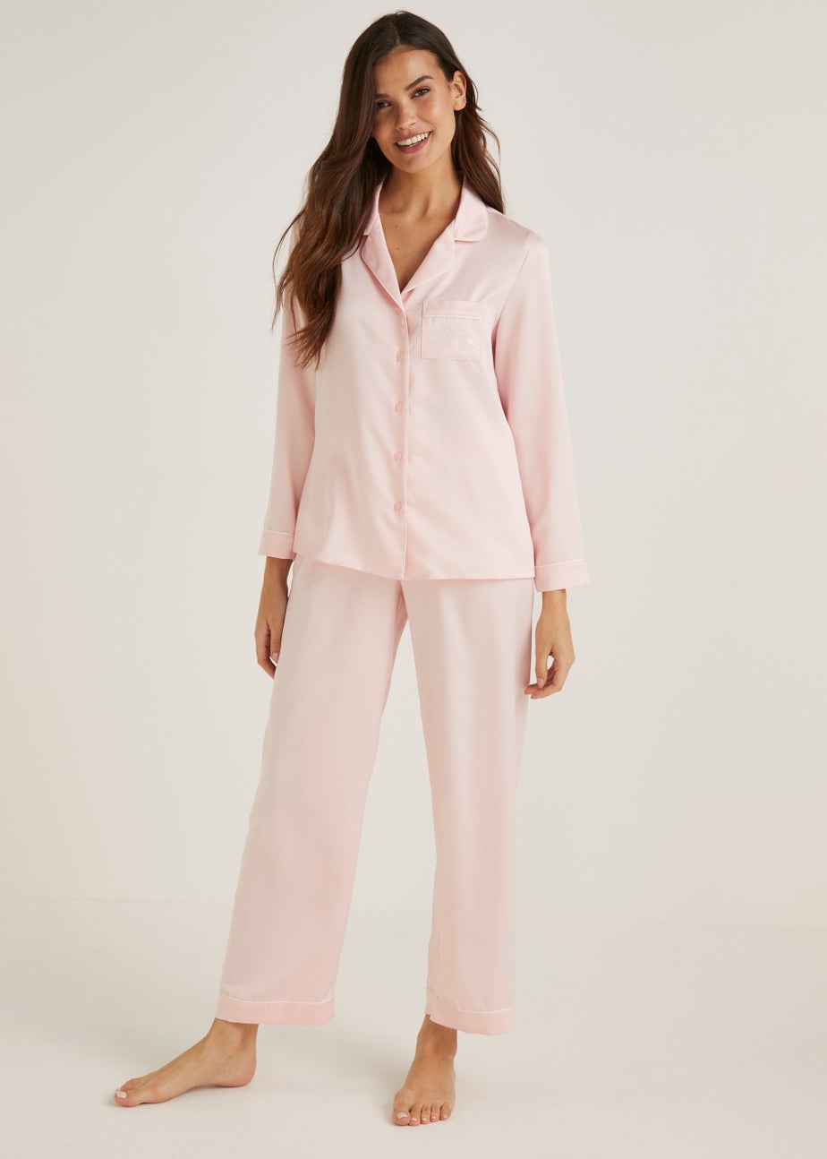 Pink Satin Embroidered Pocket Pyjama Set