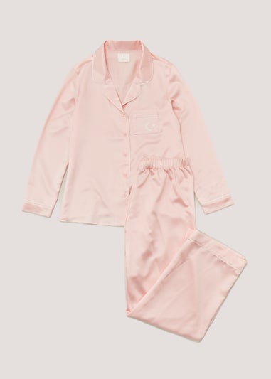 Pink Satin Embroidered Pocket Pyjama Set