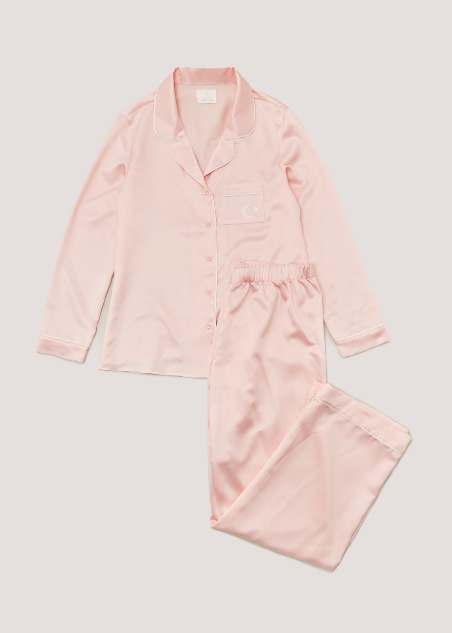 Pink Satin Embroidered Pocket Pyjama Set